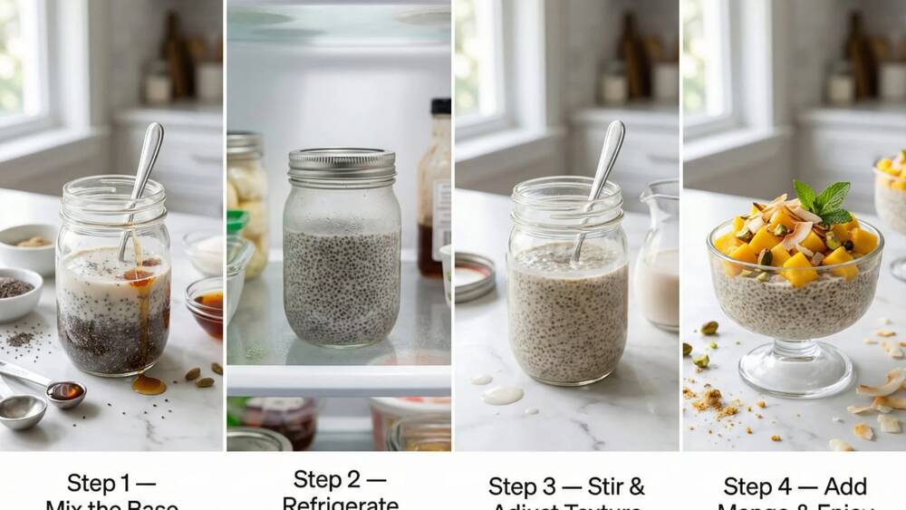 chia pudding preparation mixing refrigerating topping assembly steps