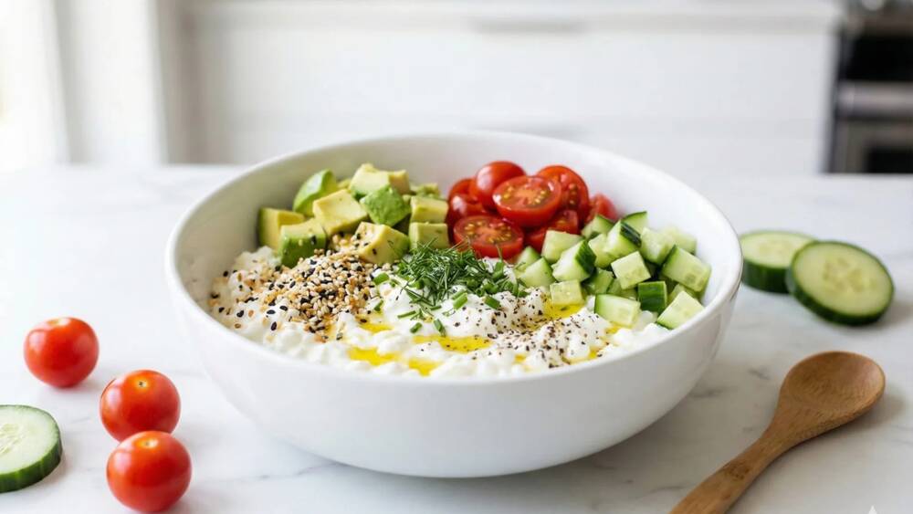 cottage cheese bowl with avocado tomatoes cucumber everything bagel seasoning