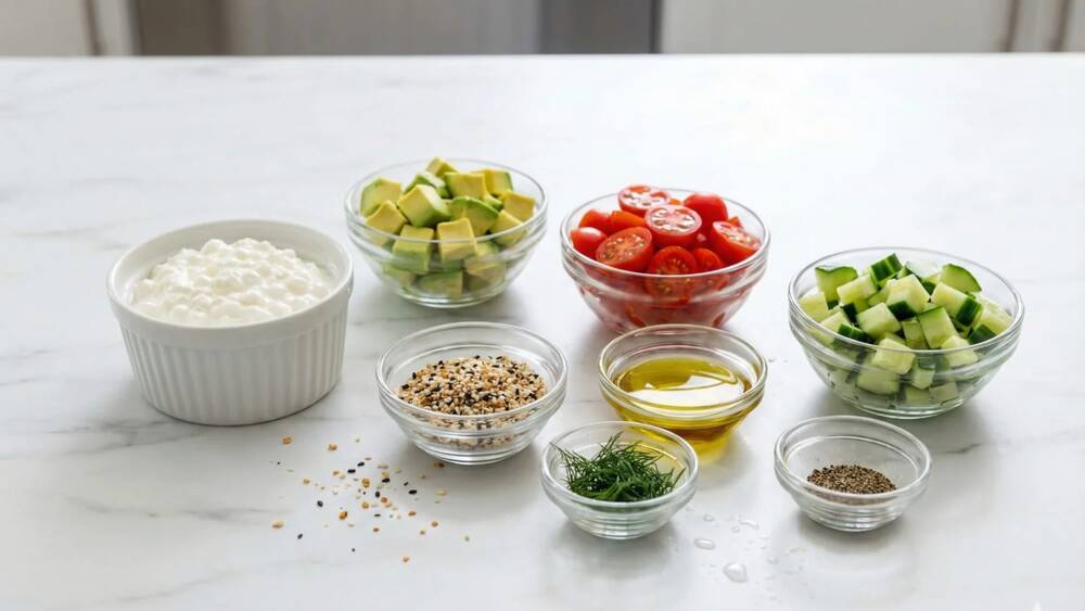 cottage cheese bowl ingredients fresh vegetables avocado cherry tomatoes herbs