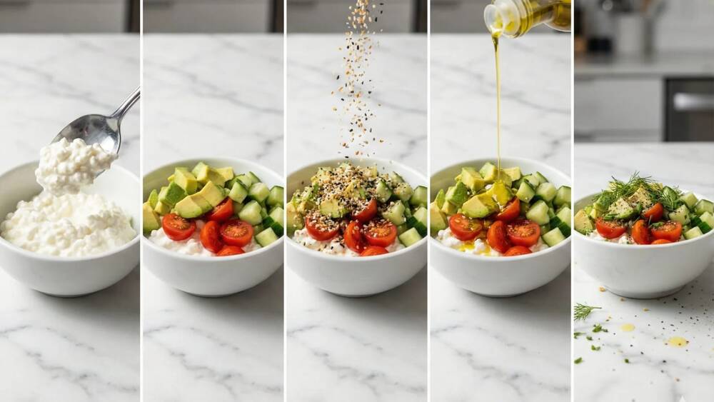 cottage cheese bowl assembly layering vegetables drizzling olive oil steps