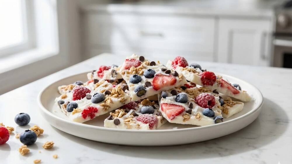 frozen yogurt bark with mixed berries granola chocolate chips healthy dessert
