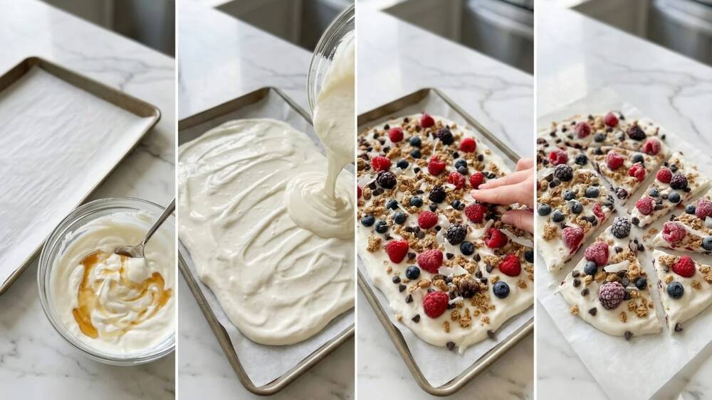 frozen yogurt bark preparation spreading toppings freezing breaking steps