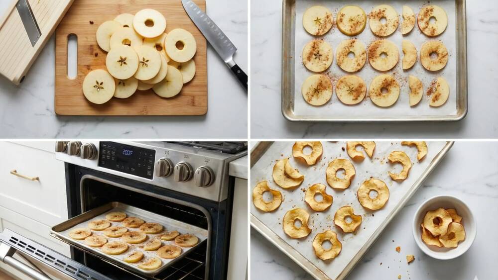 apple chips baking process slicing seasoning oven baking cooling steps