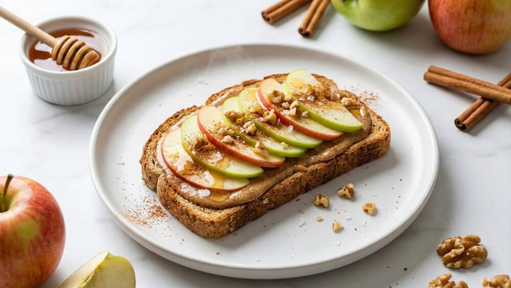 apple cinnamon almond butter toast on whole grain bread healthy breakfast snack