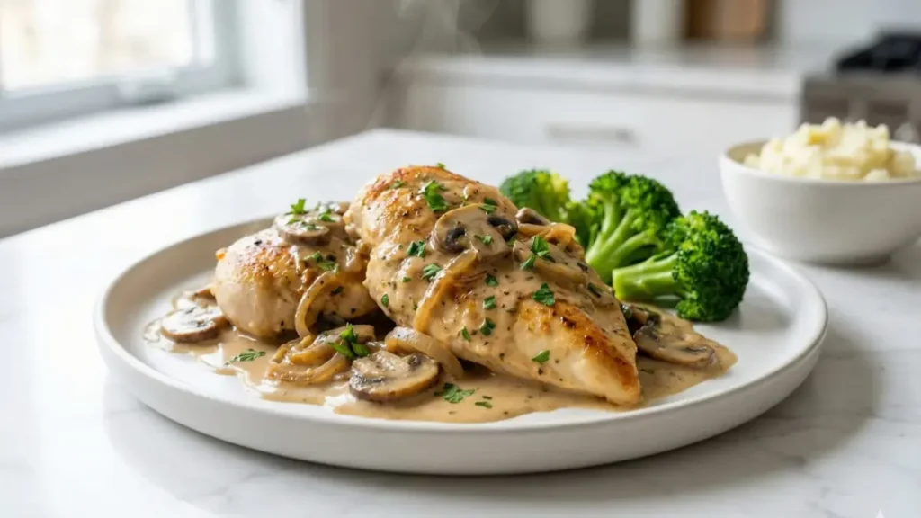 Alt Text:
creamy mushroom chicken in skillet with rich almond milk sauce sauteed mushrooms golden chicken breast fresh parsley healthy comfort food dinner