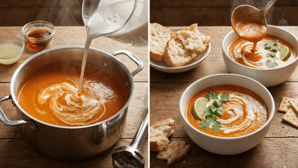 Finished coconut vegan tomato soup with cream drizzle in pot and bowls garnished with cilantro, lime wedges and bread