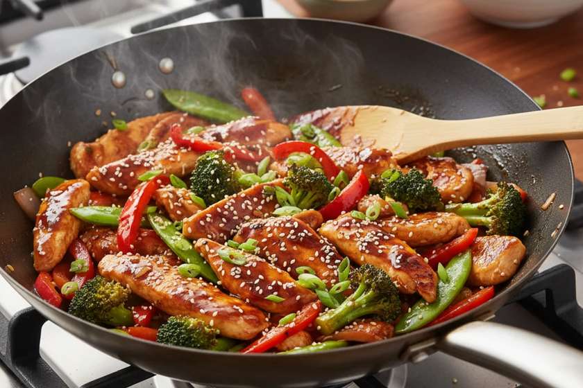 15-minute healthy dinners teriyaki chicken stir-fry with vegetables in wok