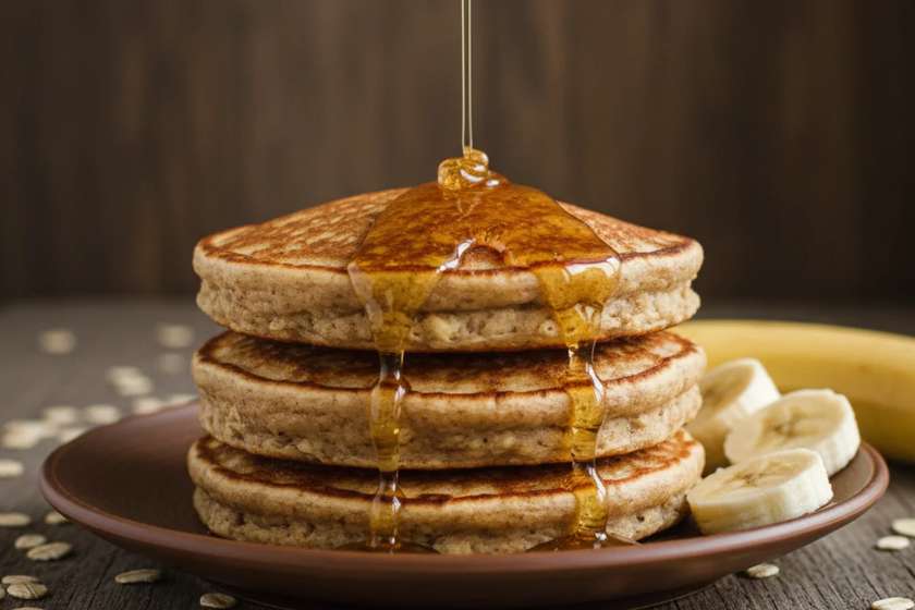 Gluten-free banana oat pancakes with honey drizzle on rustic plate