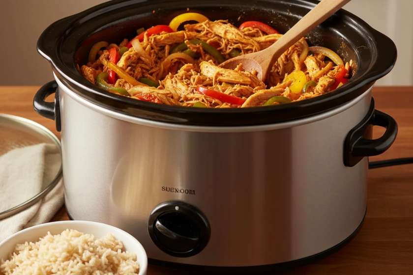Slow cooker chicken fajitas with shredded chicken, peppers and onions in crockpot
