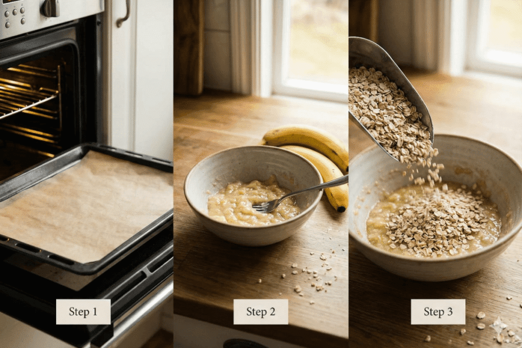 Rolled oats and dry ingredients displayed in glass jars for banana oat cookies