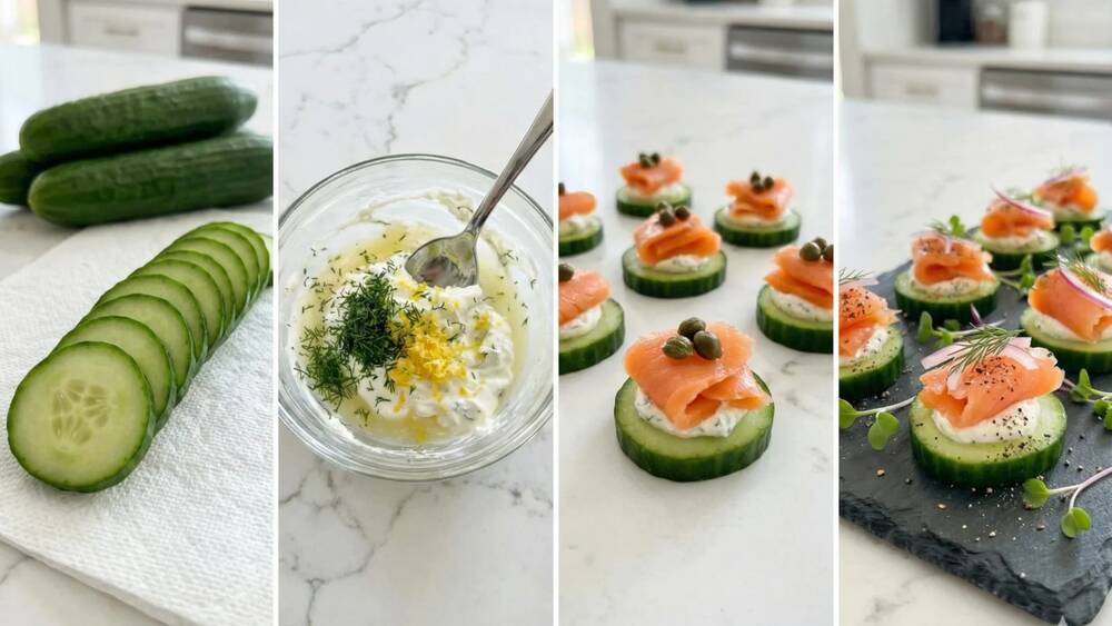 salmon cucumber bites assembly slicing piping topping garnishing steps