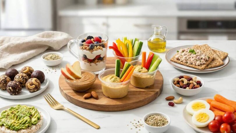 43 (1) healthy snack ideas variety spread featuring hummus vegetables yogurt parfait nuts fruits