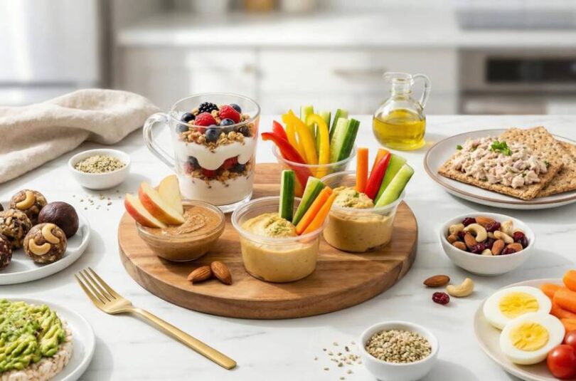 healthy snack ideas variety spread featuring hummus vegetables yogurt parfait nuts fruits