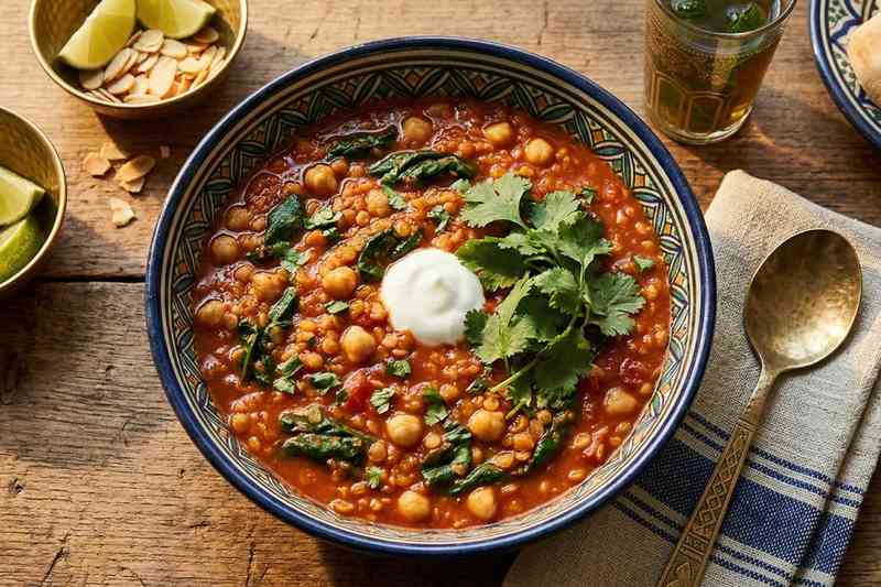 High protein low calorie meal lentil and tomato stew with chickpeas