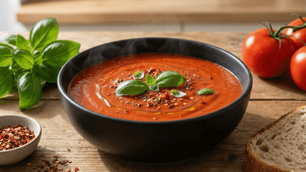 Spicy vegan tomato soup with basil garnish, red pepper flakes and coconut cream in black ceramic bowl
