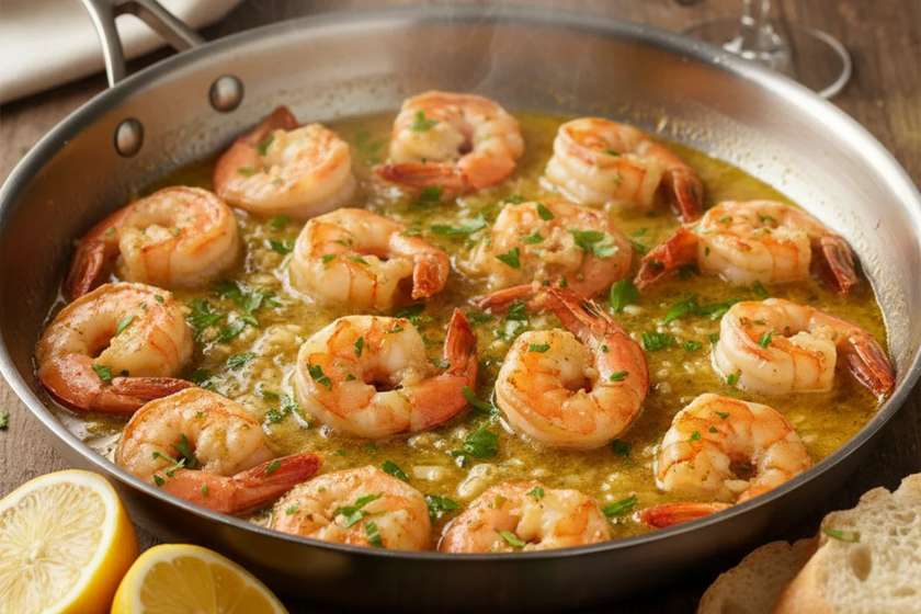 15-minute healthy dinners garlic butter shrimp in skillet with lemon and herbs