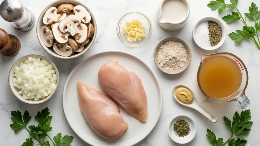 Alt Text:
creamy mushroom chicken cooking steps searing chicken sauteing mushrooms and onions whisking creamy sauce simmering together in cast iron skillet