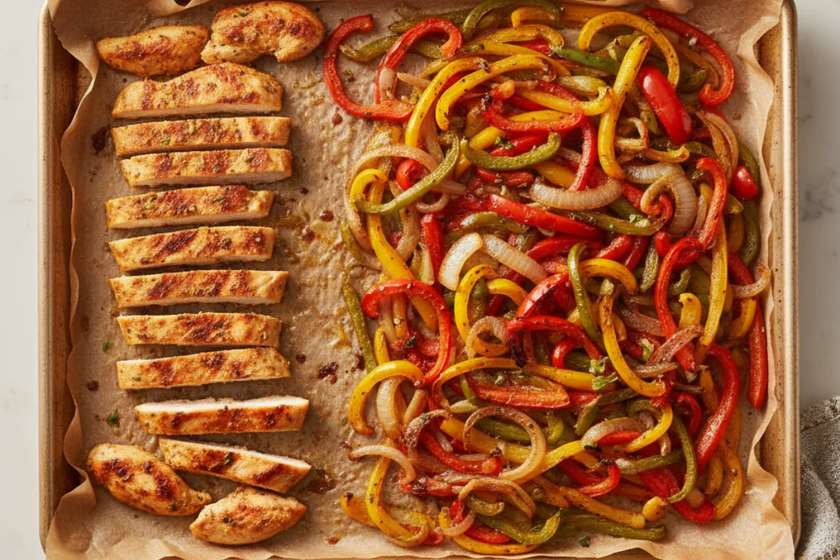 Sheet pan chicken fajitas with roasted chicken strips and bell peppers fresh from oven