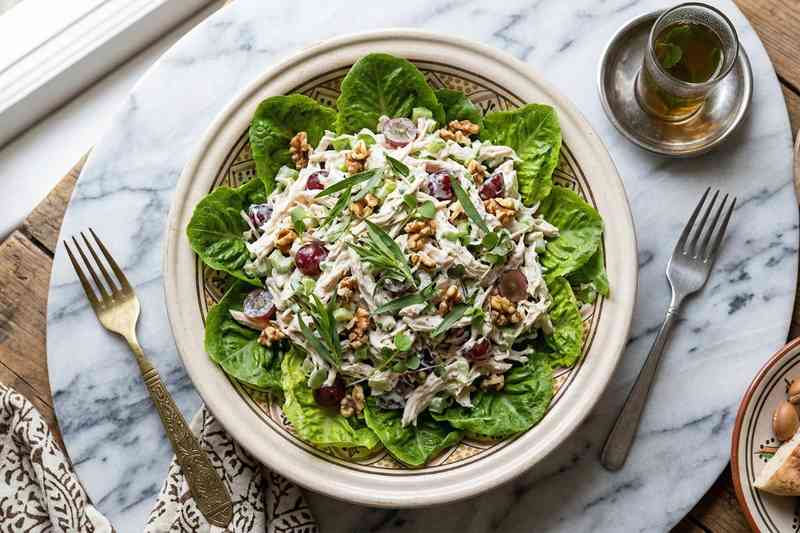 High protein low calorie meal Greek yogurt chicken salad with grapes and walnuts