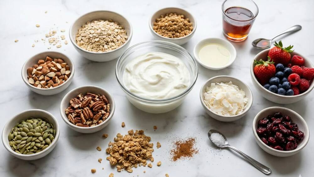 greek yogurt parfait with granola berries chocolate chips layered healthy snack