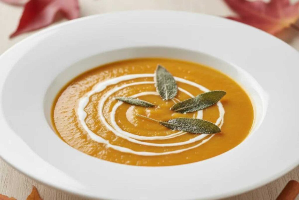 vegan sweet potato soup with apple and crispy sage