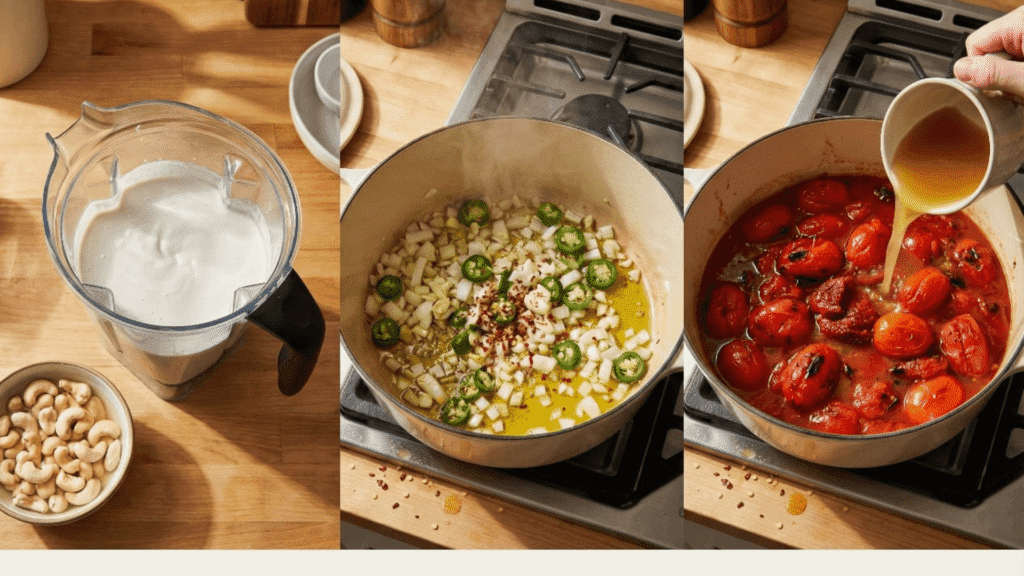 Spicy vegan tomato soup steps - making cashew cream, sautéing aromatics with jalapeños, adding fire-roasted tomatoes