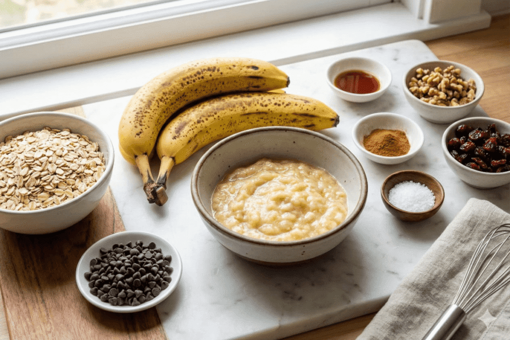 Banana oat cookie ingredients including ripe bananas, oats, honey, cinnamon, and chocolate chips on a wooden table