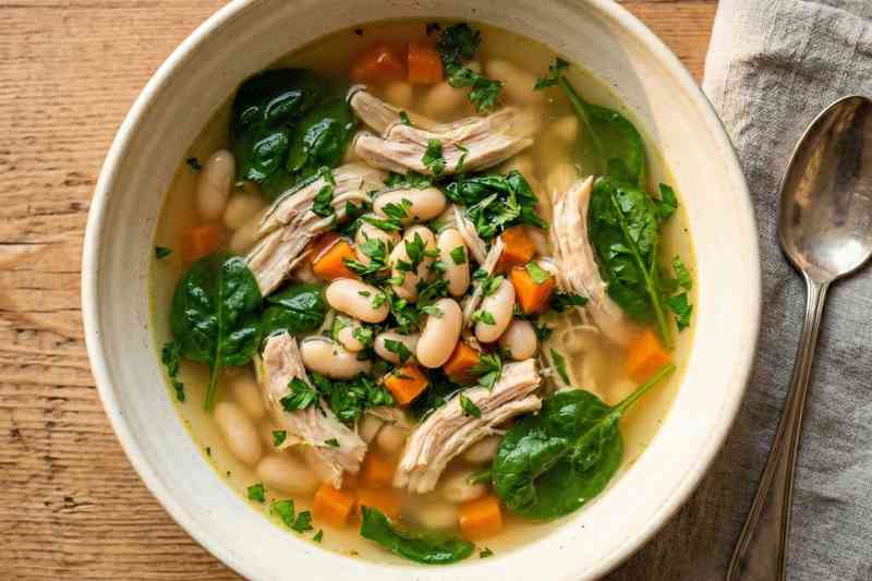 High protein low calorie meal chicken and spinach soup with white beans