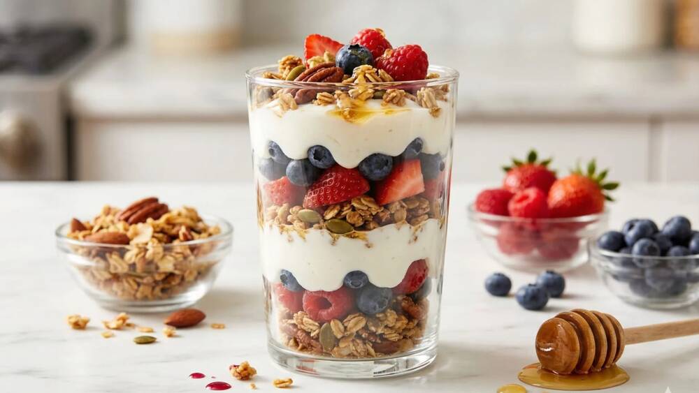 greek yogurt parfait ingredients fresh berries granola honey coconut flakes
