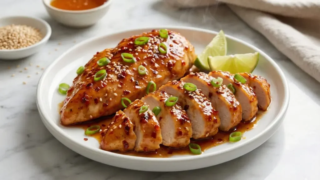 Alt Text:
spicy honey garlic chicken ingredients raw chicken breast honey jar soy sauce fresh garlic sesame oil red pepper flakes lime on marble surface