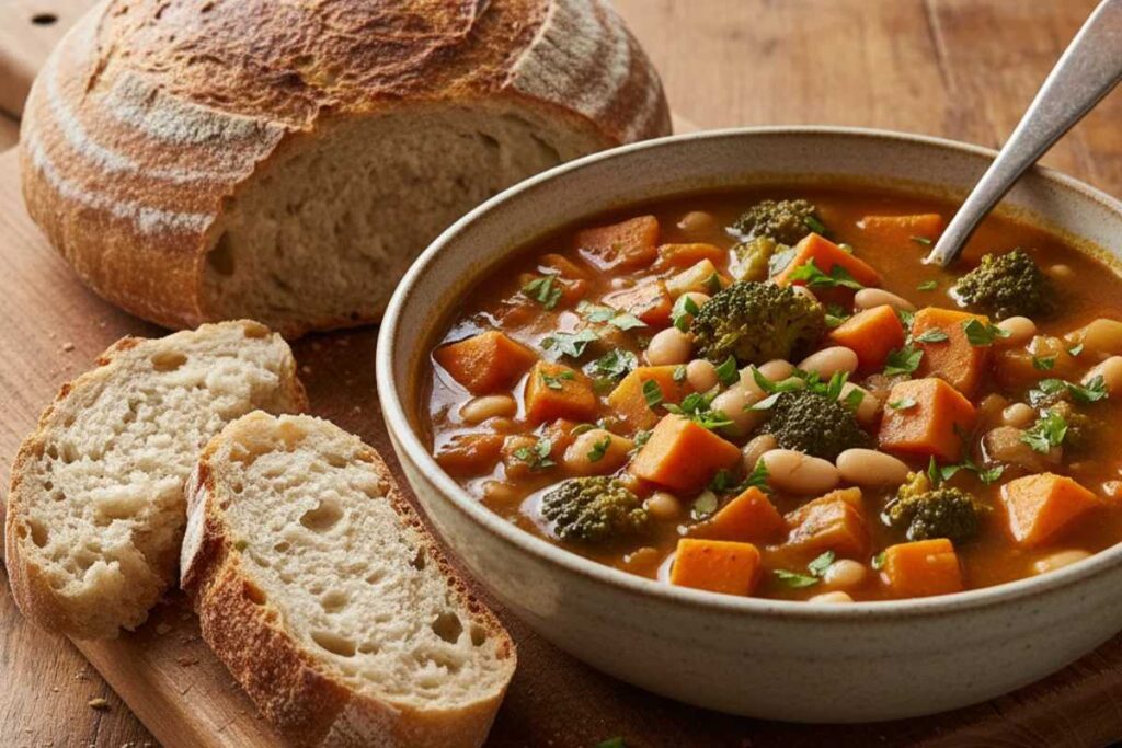 vegan sweet potato soup chunky with vegetables and beans