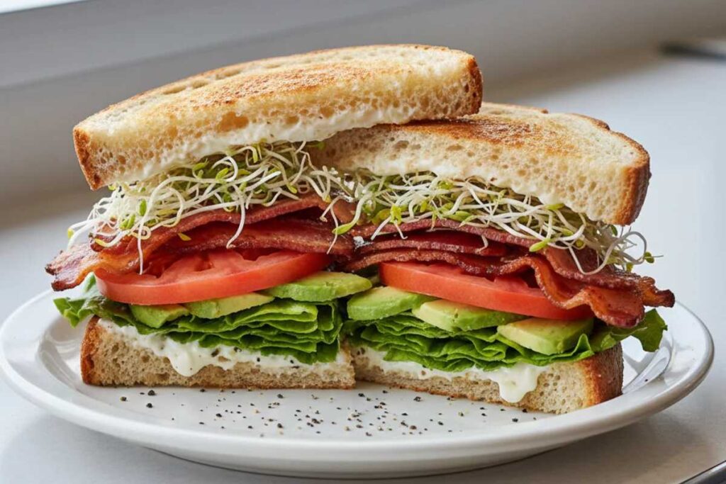 healthy sandwich recipe BLT with avocado and sprouts