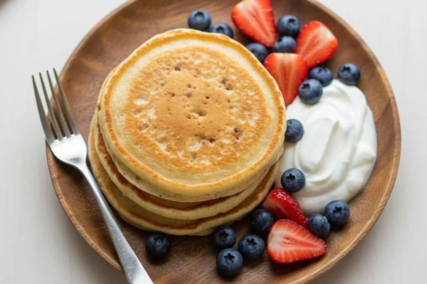  Classic healthy banana pancakes with Greek yogurt and fresh berries on rustic plate