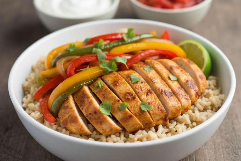 Healthy chicken fajita bowl topped with Greek yogurt, salsa and fresh cilantro on rustic table