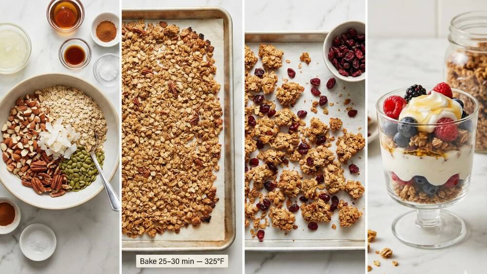 homemade granola baking process with oats nuts seeds on baking sheet