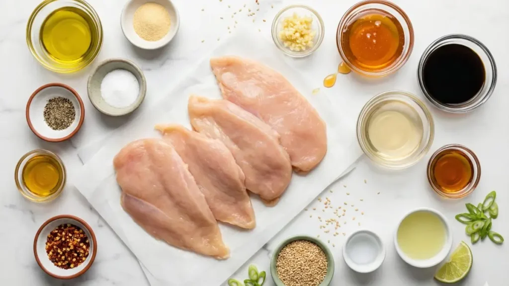 Alt Text:
spicy honey garlic chicken cooking process seasoning chicken cutlets searing until golden making sticky honey garlic sauce glazing chicken in skillet