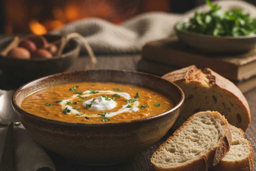 vegan sweet potato soup with red lentils and spices