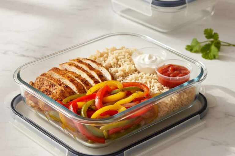Chicken fajita meal prep containers with seasoned chicken, colorful bell peppers, onions and brown rice on marble counter