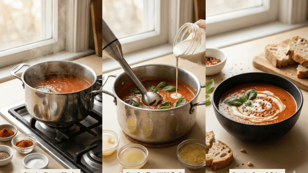 Spicy vegan tomato soup completion - simmering with spices, adding cashew cream drizzle, serving with fresh basil