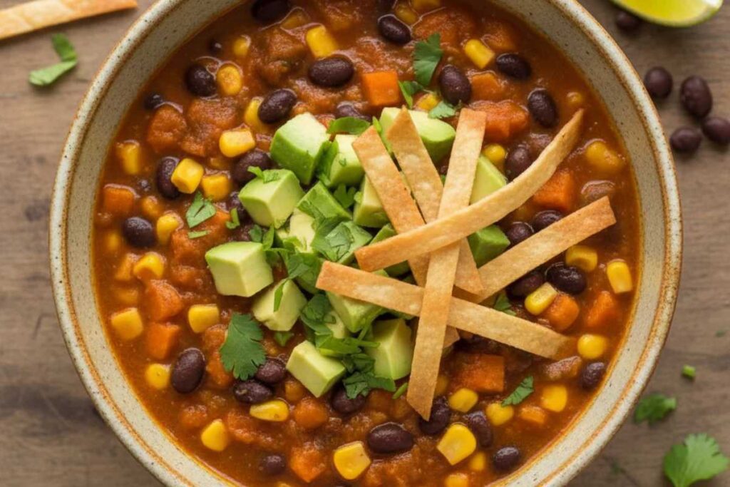 vegan sweet potato soup with black beans corn and avocado
