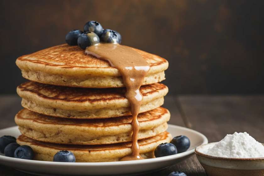  High protein banana pancakes with almond butter drizzle and protein powder