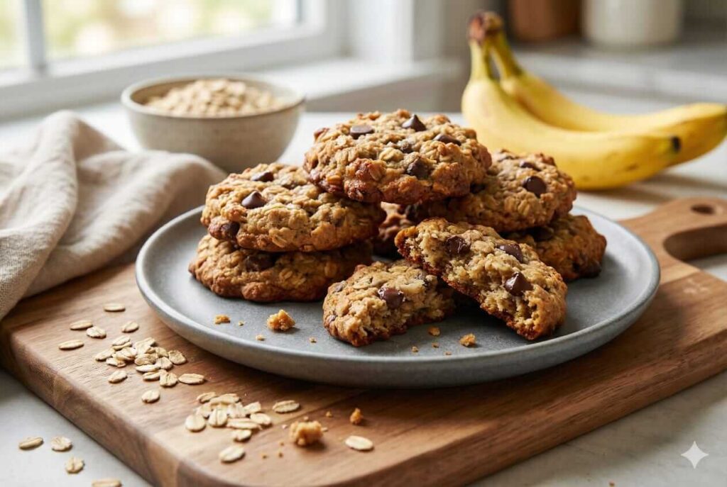 Gluten-free banana oat cookies stacked on a plate with ripe bananas and oats in the background