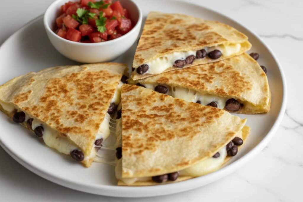 cheese quesadilla with black beans cut into triangular wedges