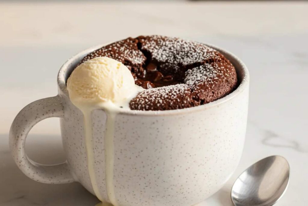 chocolate mug cake with gooey center and vanilla ice cream