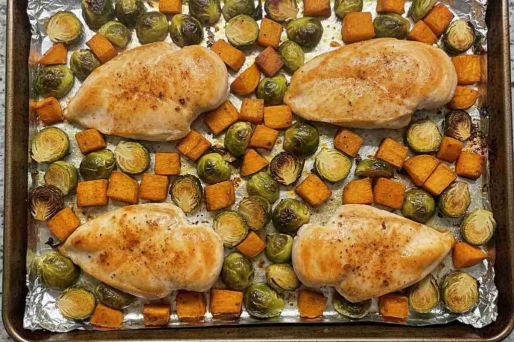 healthy dinners sheet pan chicken sweet potato brussels sprouts easy