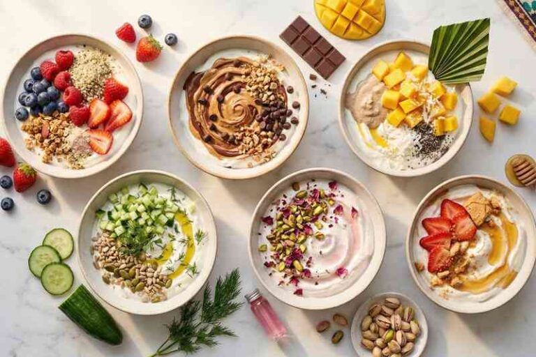 Greek yogurt high protein bowls flat lay with 6 different bowls on marble surface