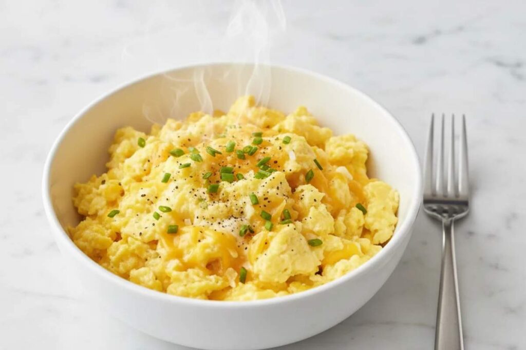 Easy Microwave Meals fluffy scrambled eggs with melted cheddar cheese in white bowl