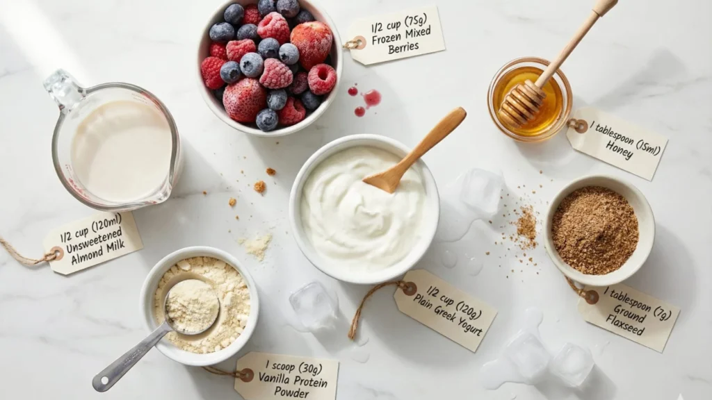 ingredients for greek yogurt berry breakfast smoothie frozen berries protein powder flaxseed almond milk honey