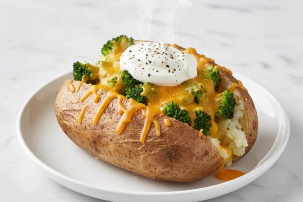 loaded baked potato with broccoli and melted cheese on plate