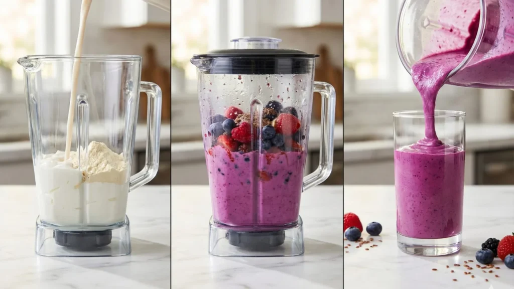 step by step blending greek yogurt berry breakfast smoothie for weight loss in blender process